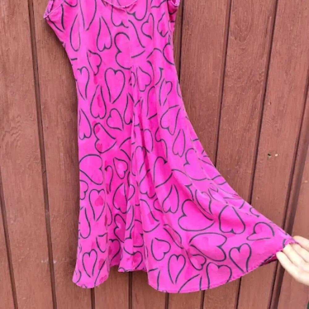 LAURA LEIGH | Hot Pink Silk Slip Dress Hearts Print 90S Y2K Nightie Dress M
